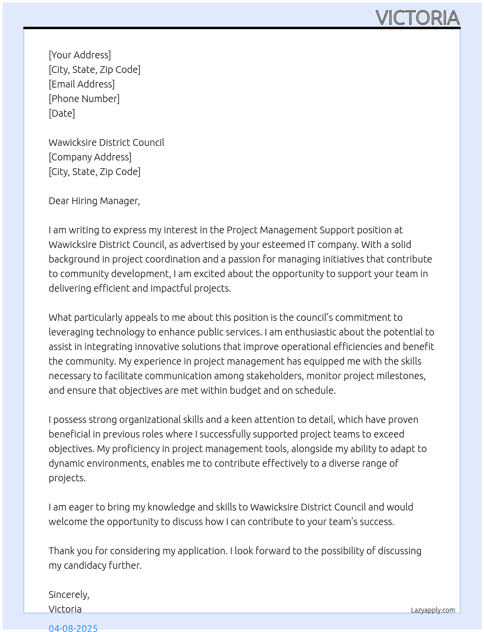 Cover letter for project management support - LazyApply