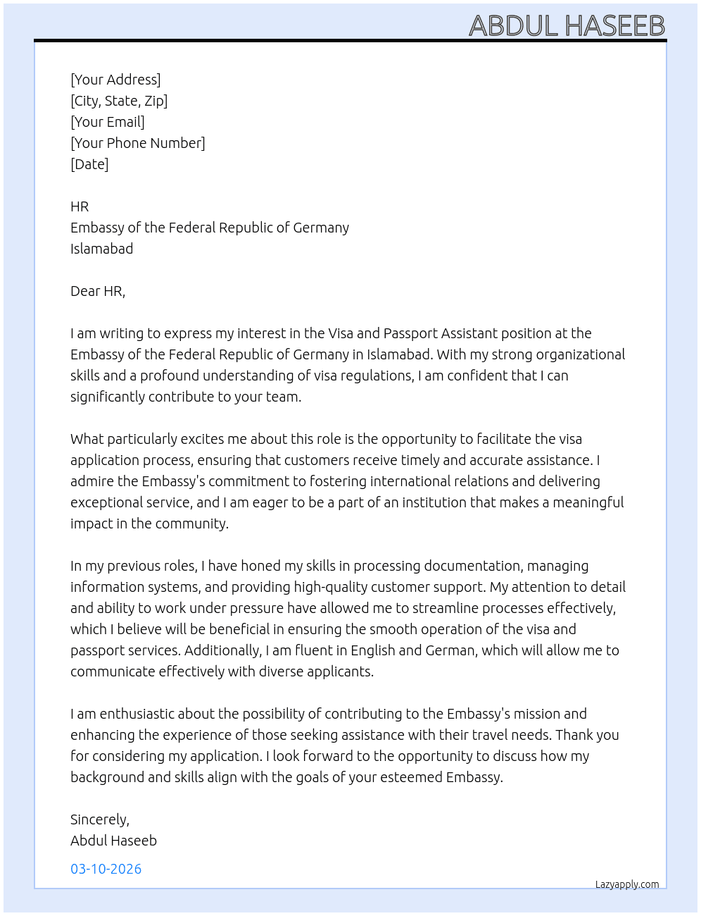 Visa and Passport Assistant  At Embassy of Federal Republic Germany Islamabad  Cover Letter