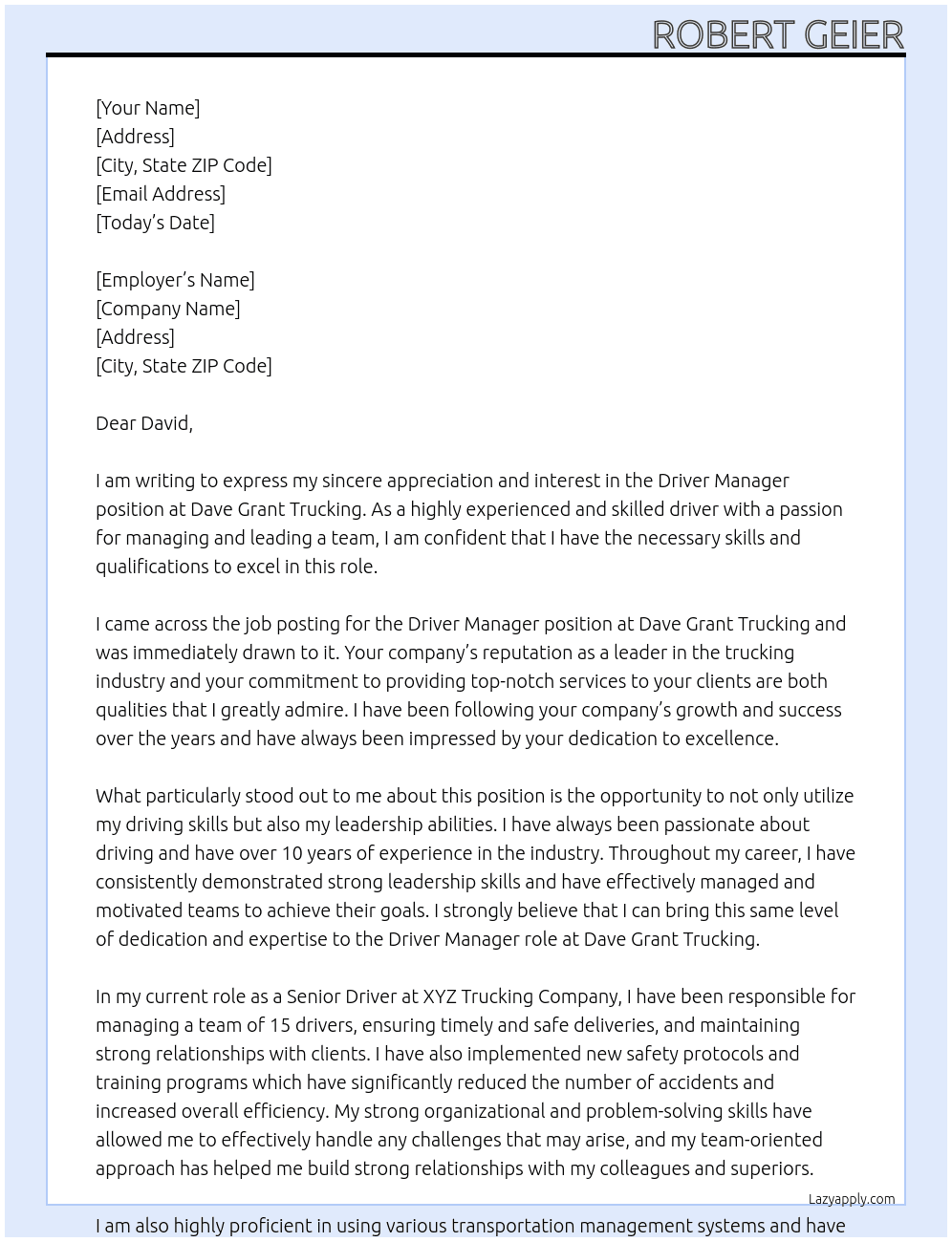 Cover letter for driver manager - LazyApply
