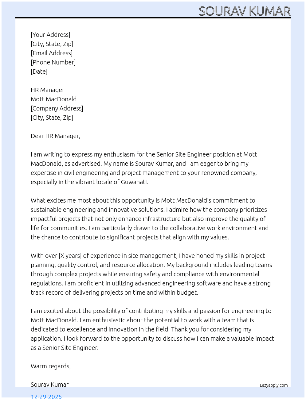 Senior Site Engineer  At Mott MacDonald  Cover Letter