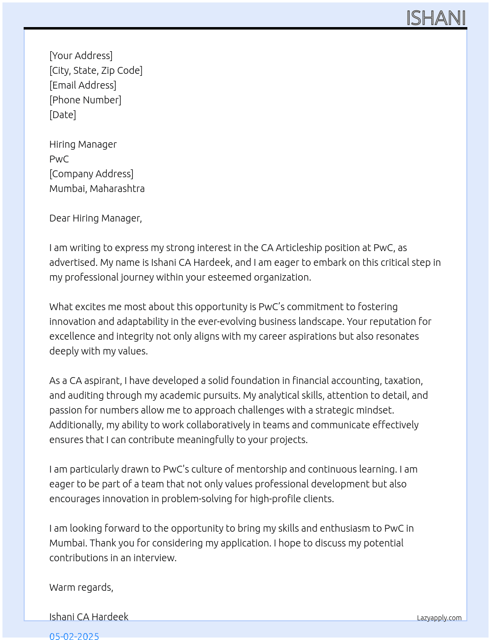 ca articleship At pwc Cover Letter