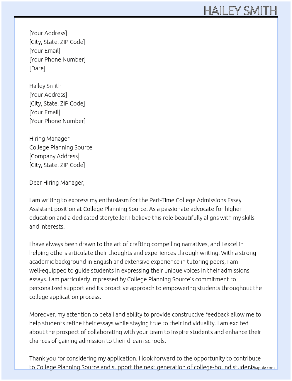 Part time College Admissions Essay Assistant At College Planning Source Cover Letter