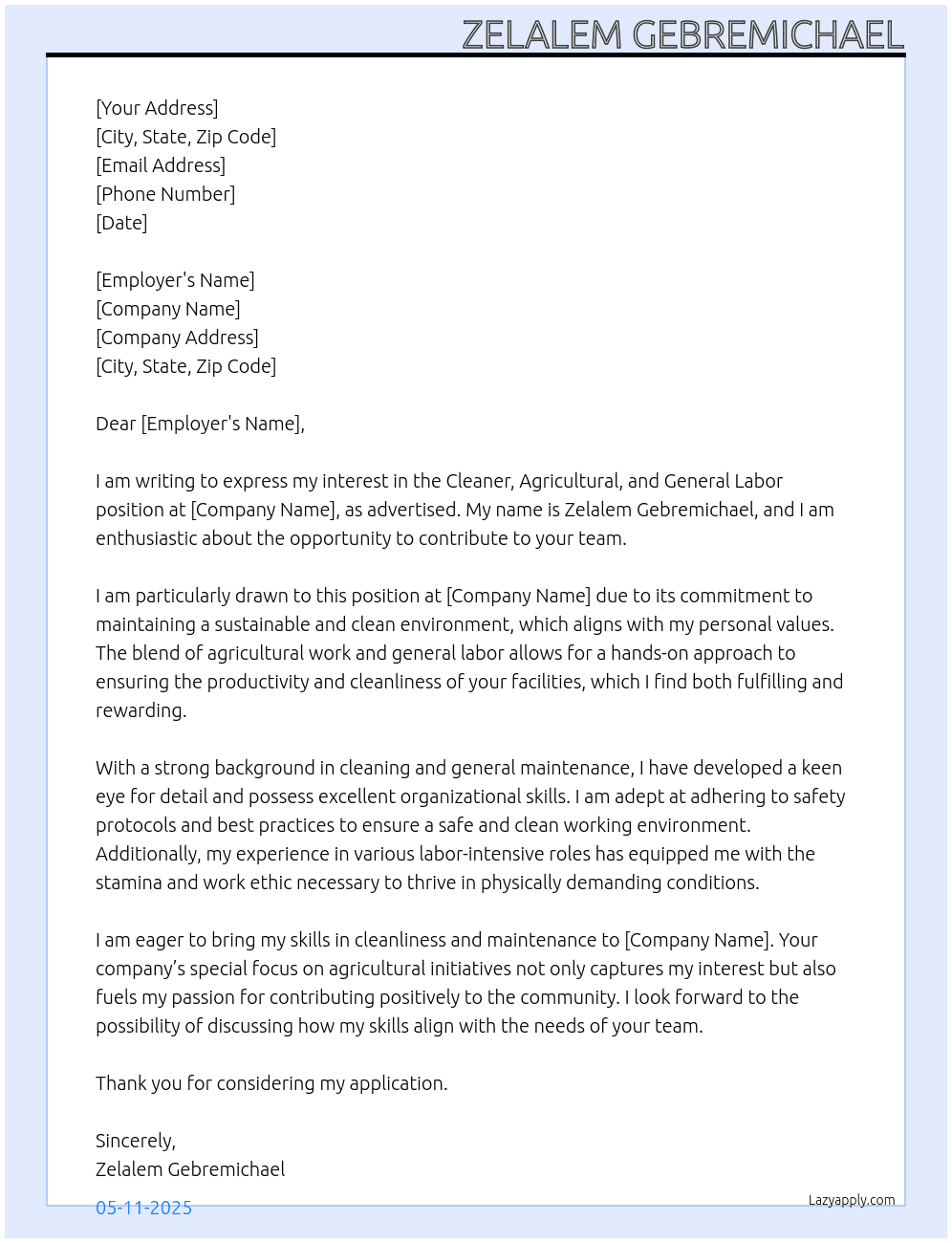 Cover letter for cleaner,agricultural,general labor - LazyApply