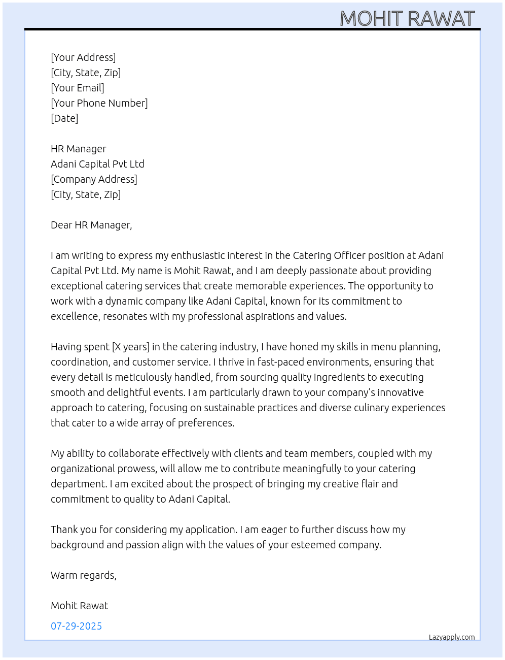 Catering officer At Adani Capital Pvt Ltd Cover Letter