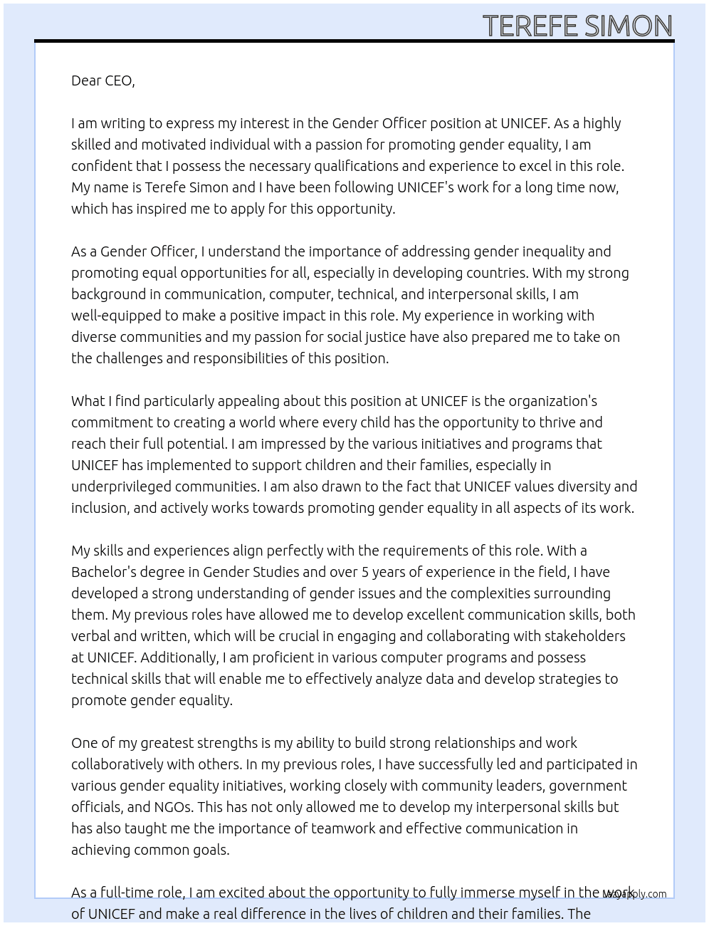 Gender Officer At UNICEF  Cover Letter