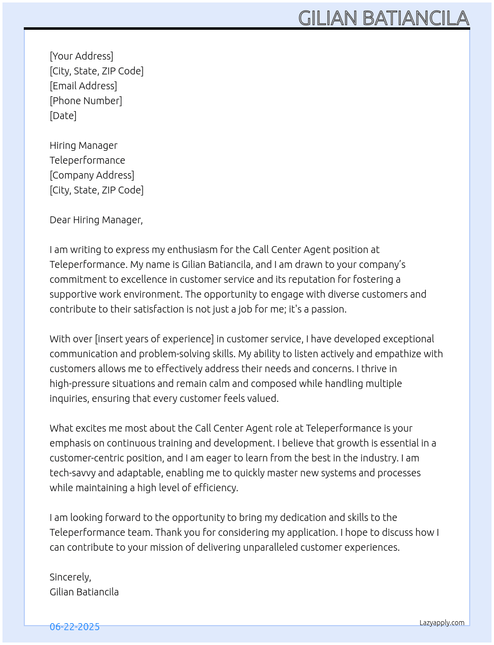 Call center agent  At Teleperformance  Cover Letter