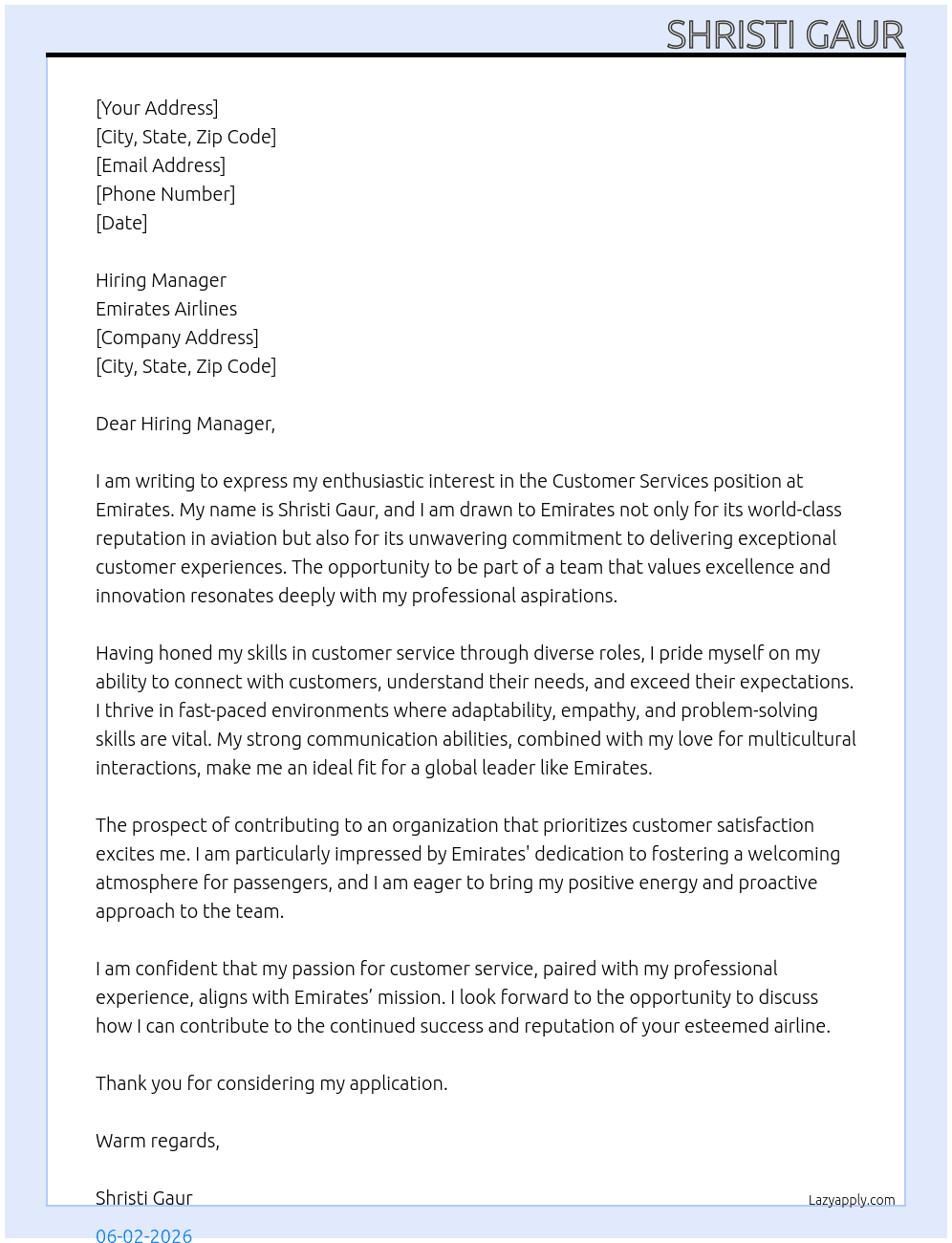 Customer services  At Emirates  Cover Letter