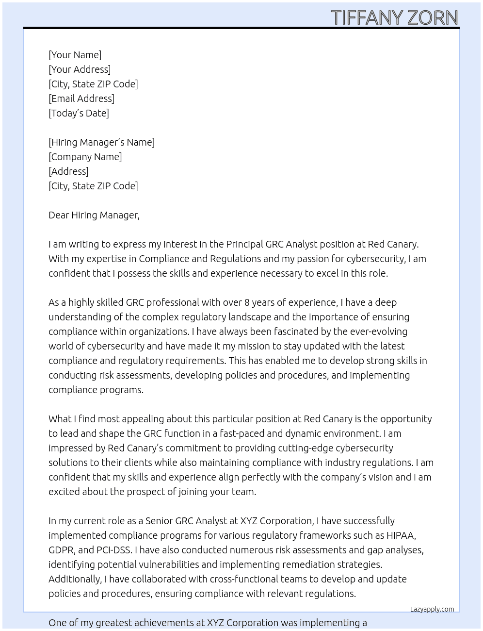 Principal GRC Analyst At Red Canary Cover Letter