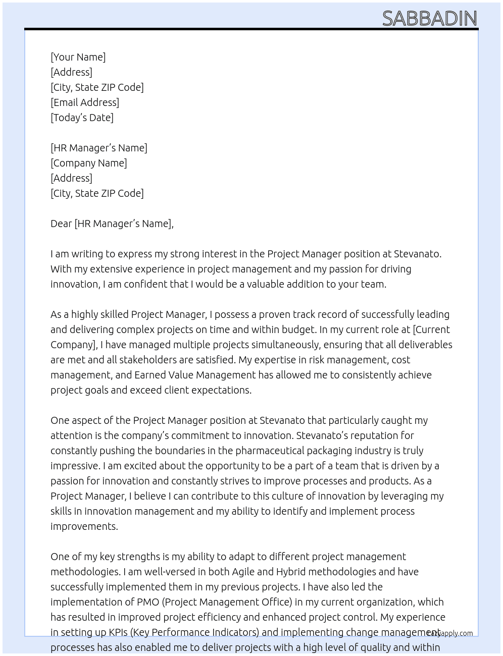 Project Manager At Stevanato Cover Letter