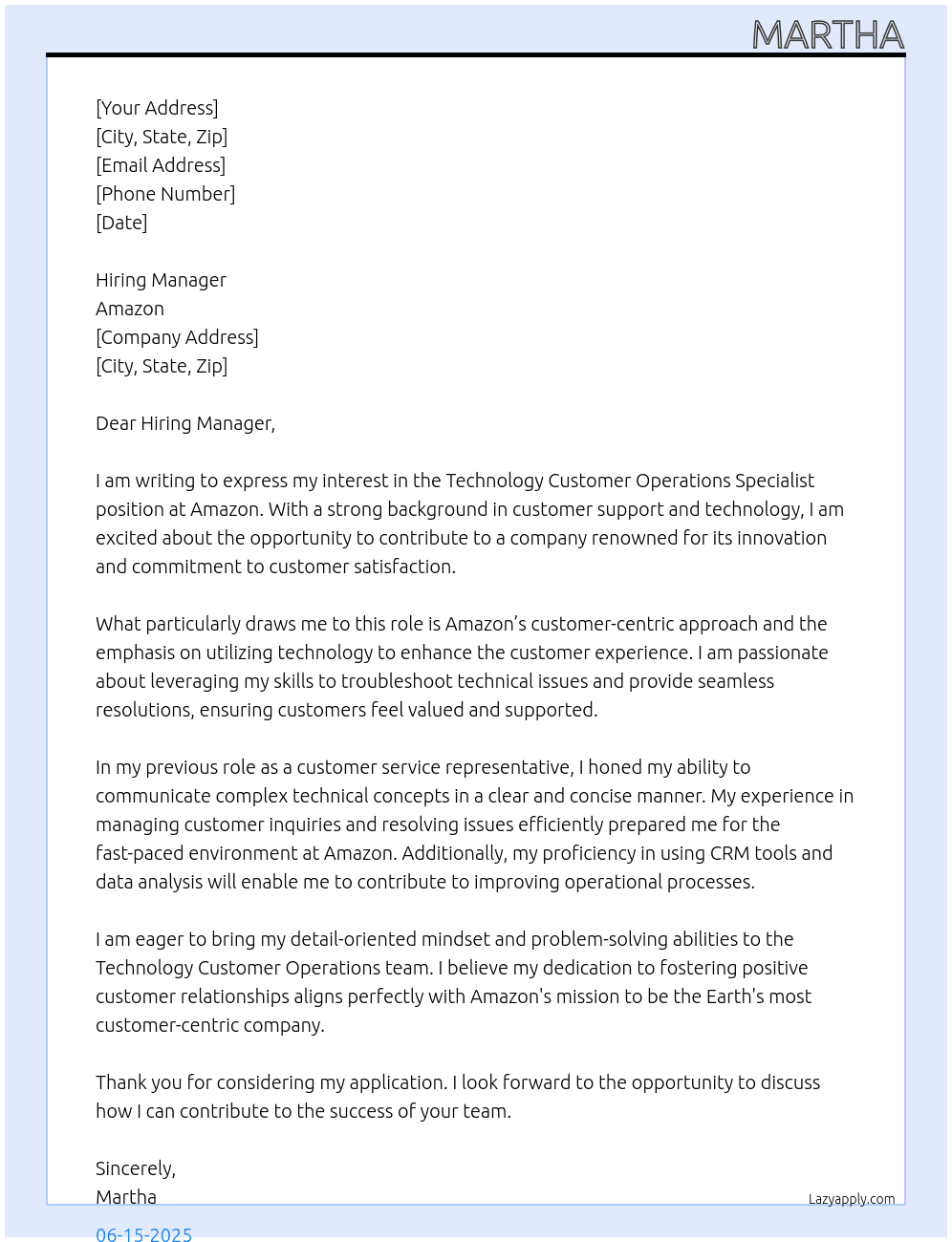 Cover letter for technology customer operations specialist - LazyApply