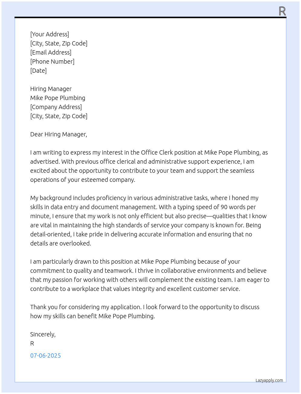 Office Clerk At Mike Pope Plumbing Cover Letter