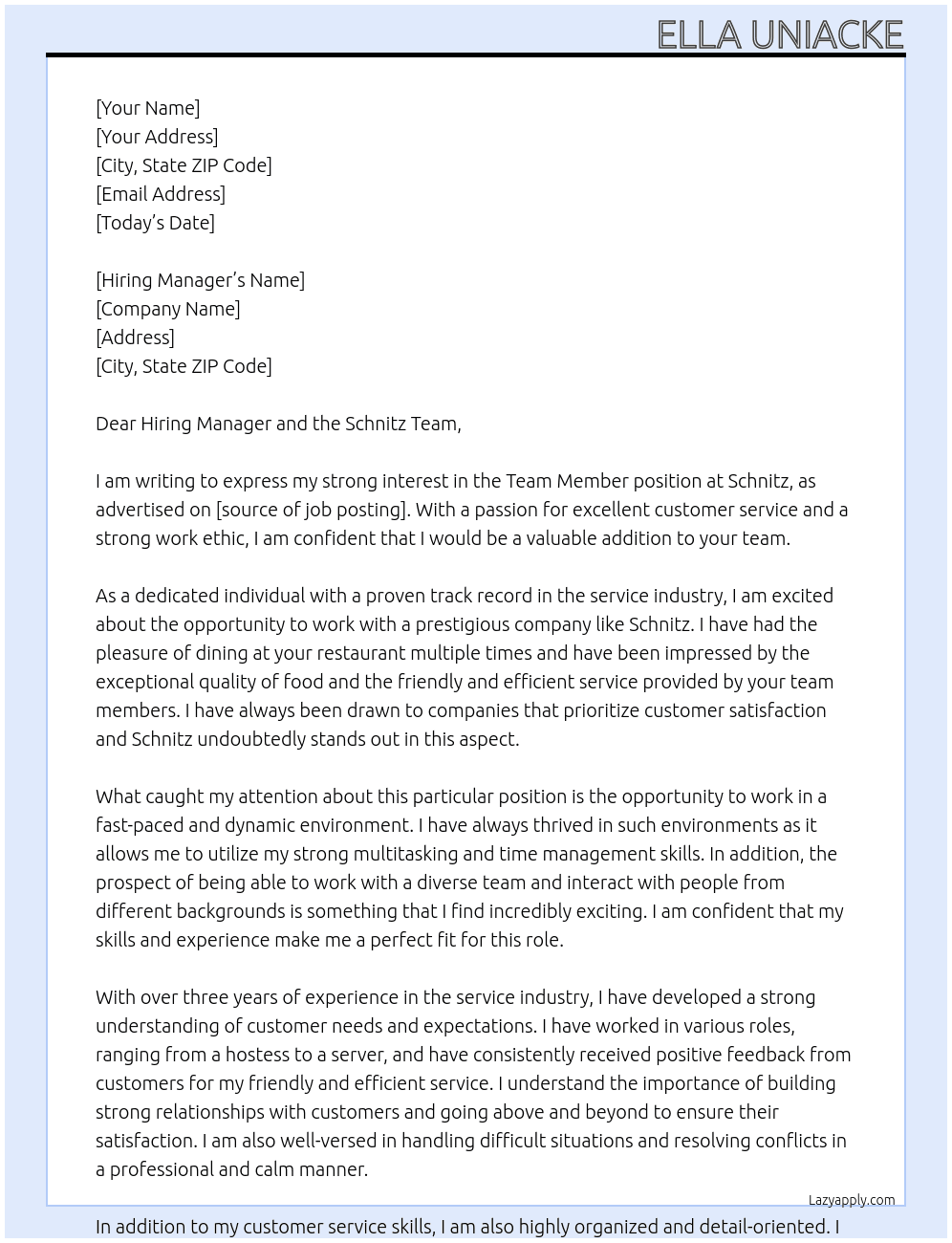 Team Member At Schnitz Cover Letter