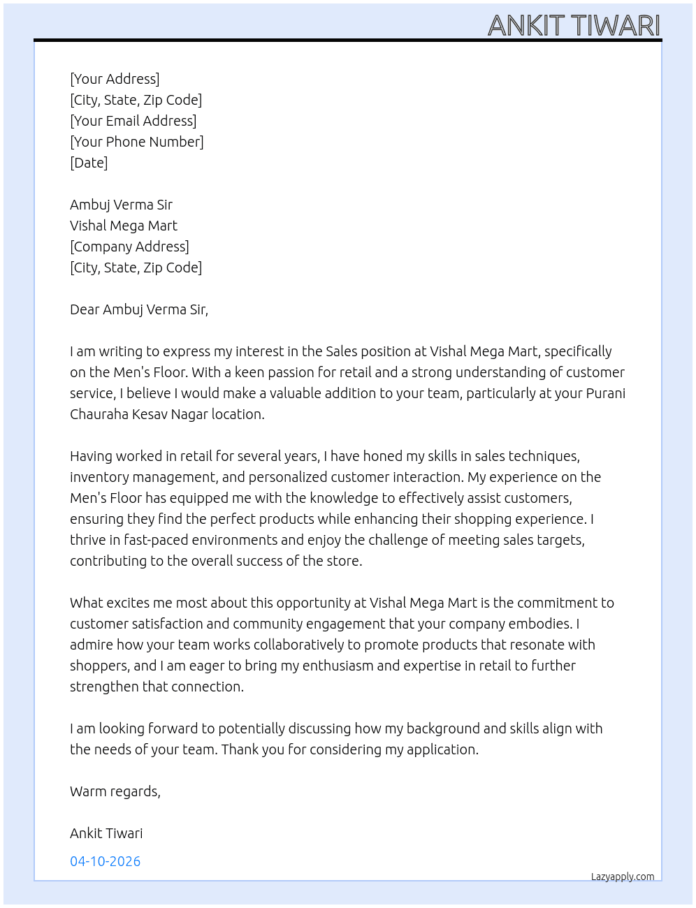 Sale's  At Vishal mega Mart  Cover Letter