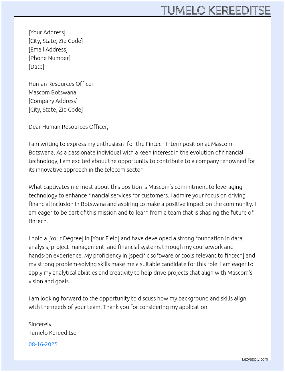 Fintech intern At Mascom botswqna Cover Letter