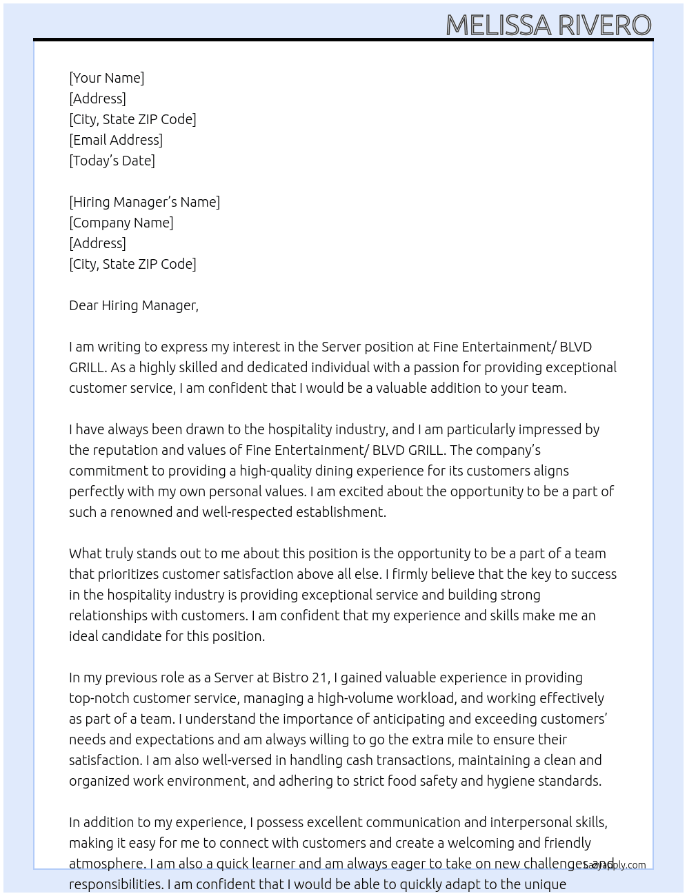 Server  At Fine Entertainment/ BLVD GRILL  Cover Letter
