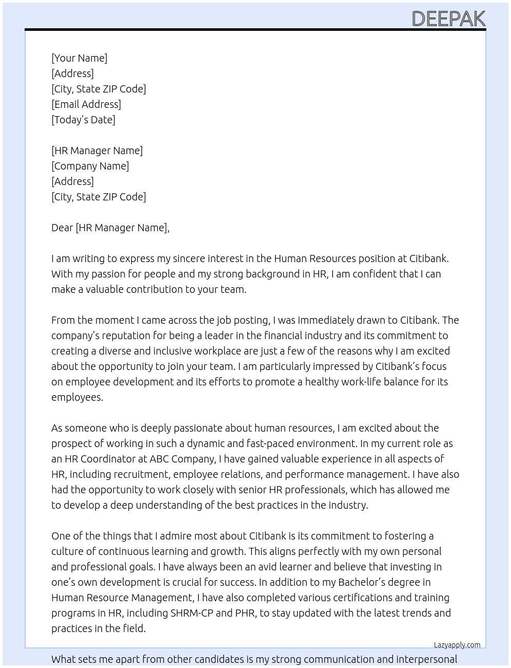Human Resources At Citibank Cover Letter