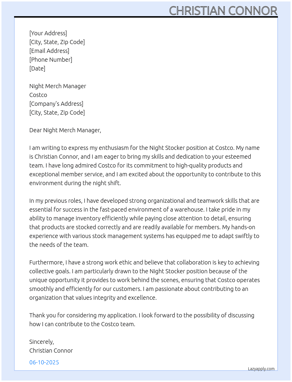 Cover letter for night stocker - LazyApply
