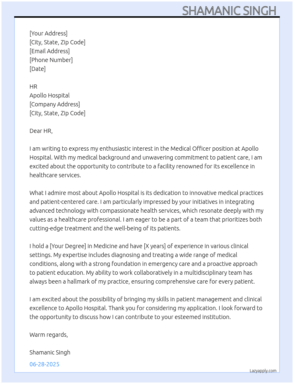 Medical officer  At Apollo Hospital  Cover Letter