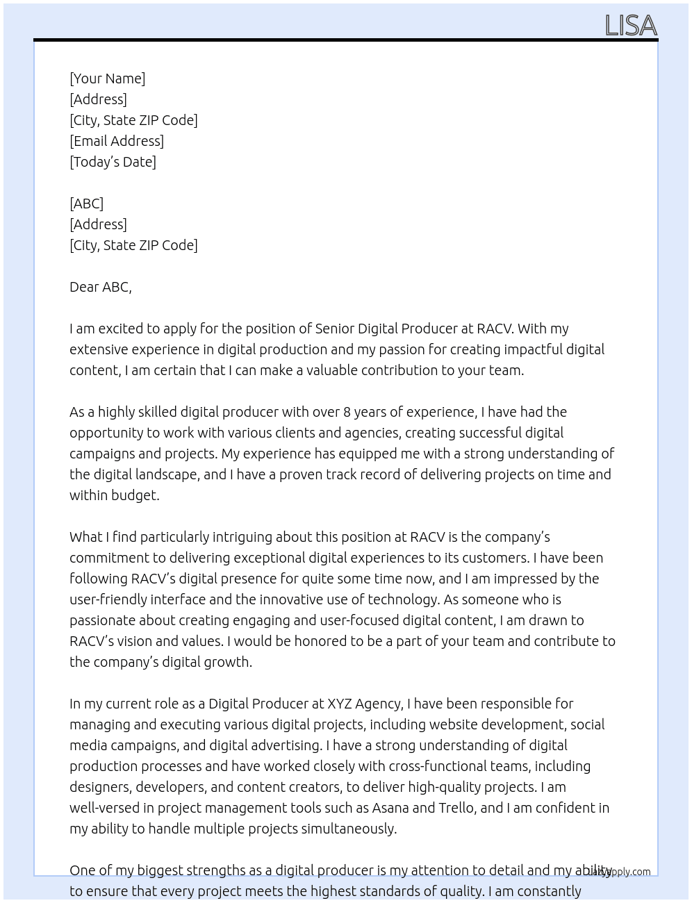 Cover letter for senior digital produer - LazyApply