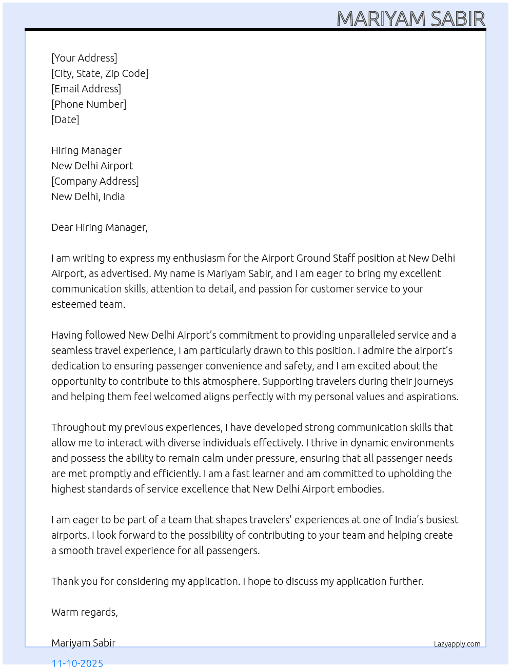 Airport Ground Staff At New Delhi Airport  Cover Letter