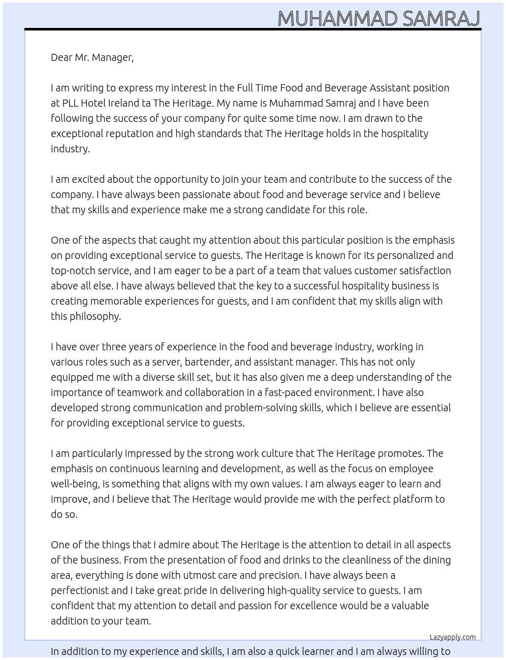 Full Time Food and Beverage Assistant At  PLL Hotel Ireland ta The Heritage Cover Letter