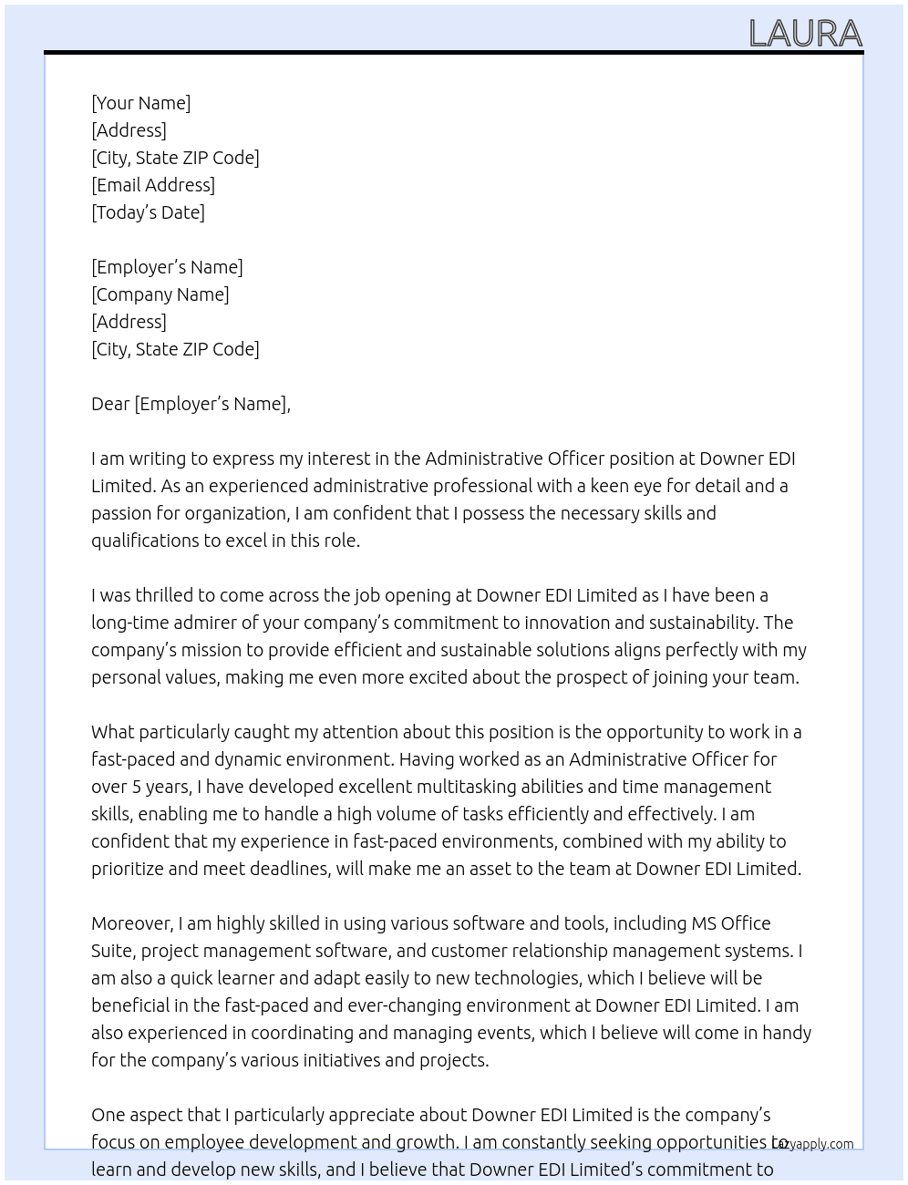 Administrative Officer At Downer EDI Limited Cover Letter