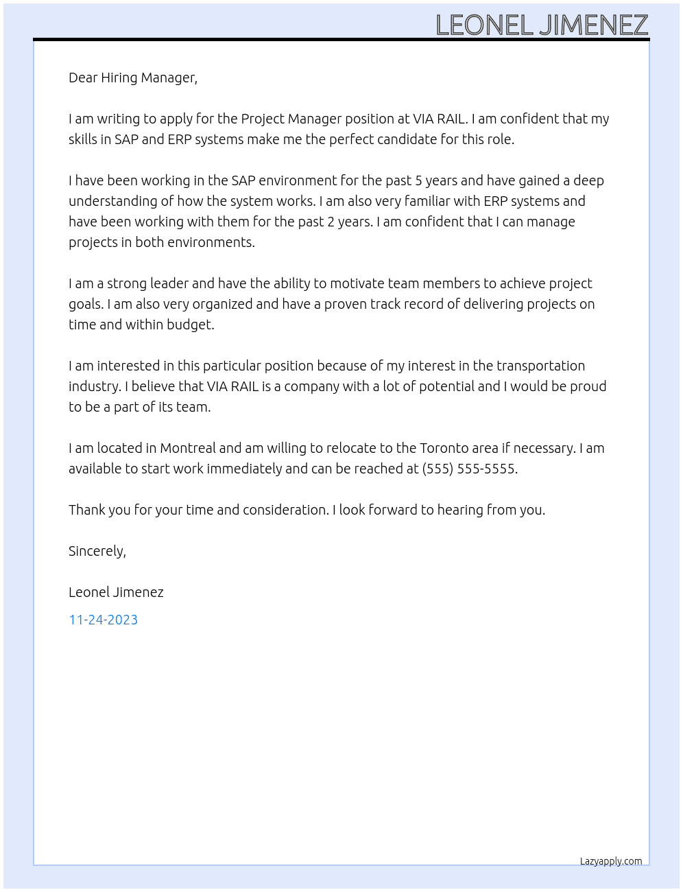 Project Manager At VIA RAIL Cover Letter