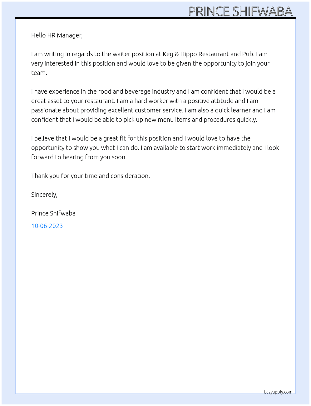 Waiter At Keg & Hippo Restaurant and Pub Cover Letter