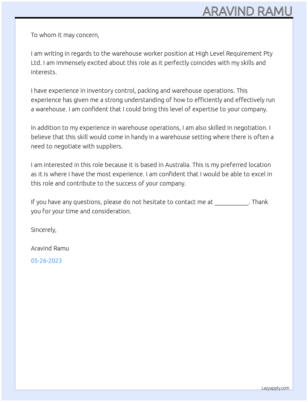 Warehouse worker At High Level Requirement Pty Ltd Cover Letter