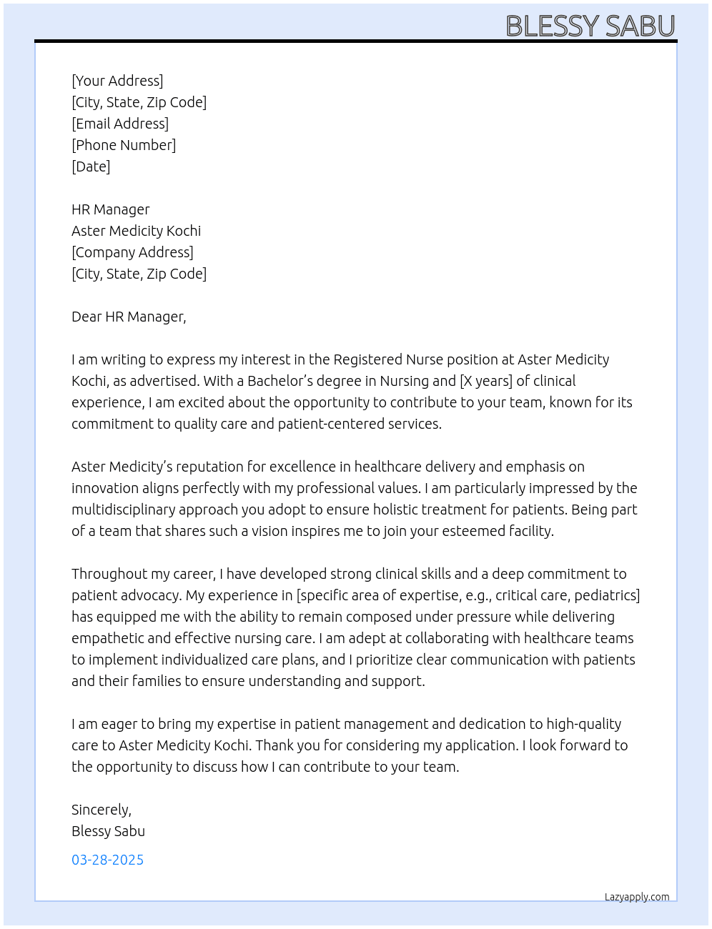 Registered Nurse  At Aster Medicity Kochi  Cover Letter
