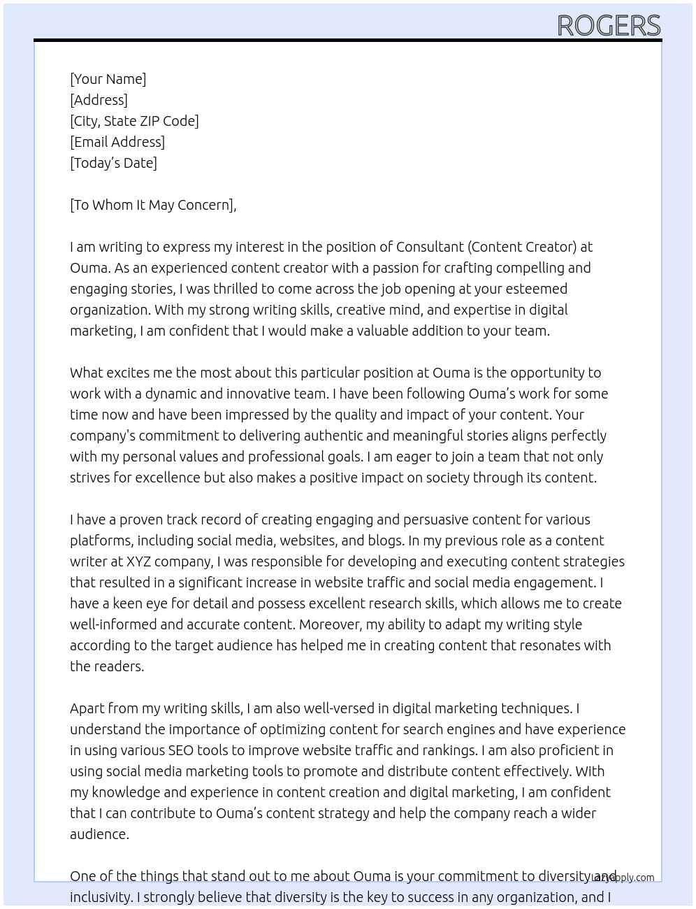 Consultant (Content Creator) At Ouma Cover Letter