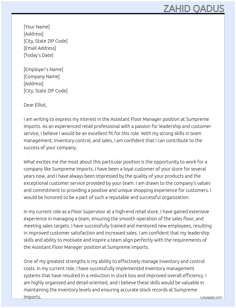 Assistant Floor Manager At Sumpreme Imports  Cover Letter