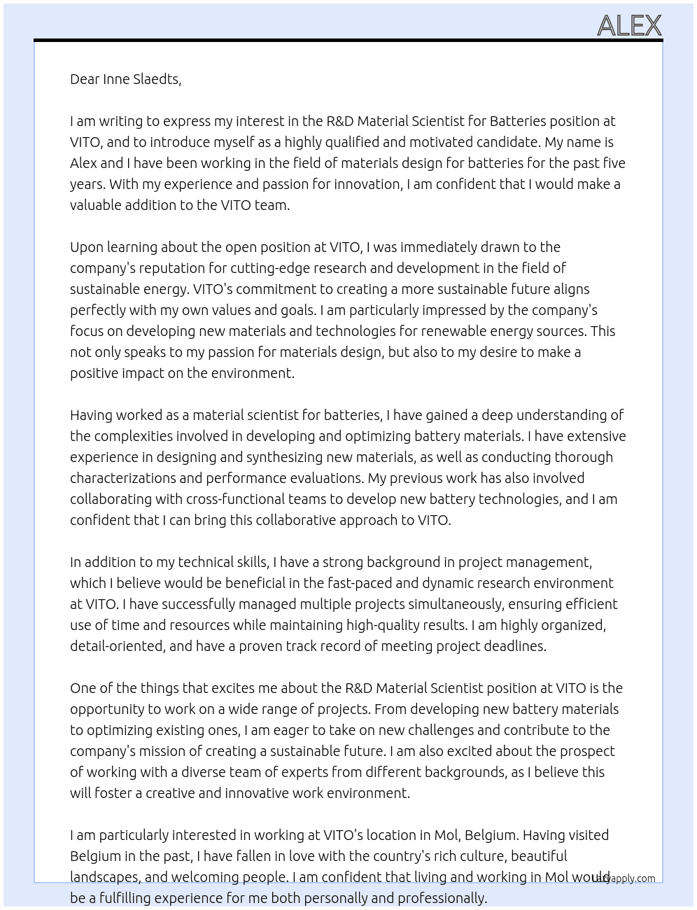 R&D Material Scientist for Batteries At VITO Cover Letter