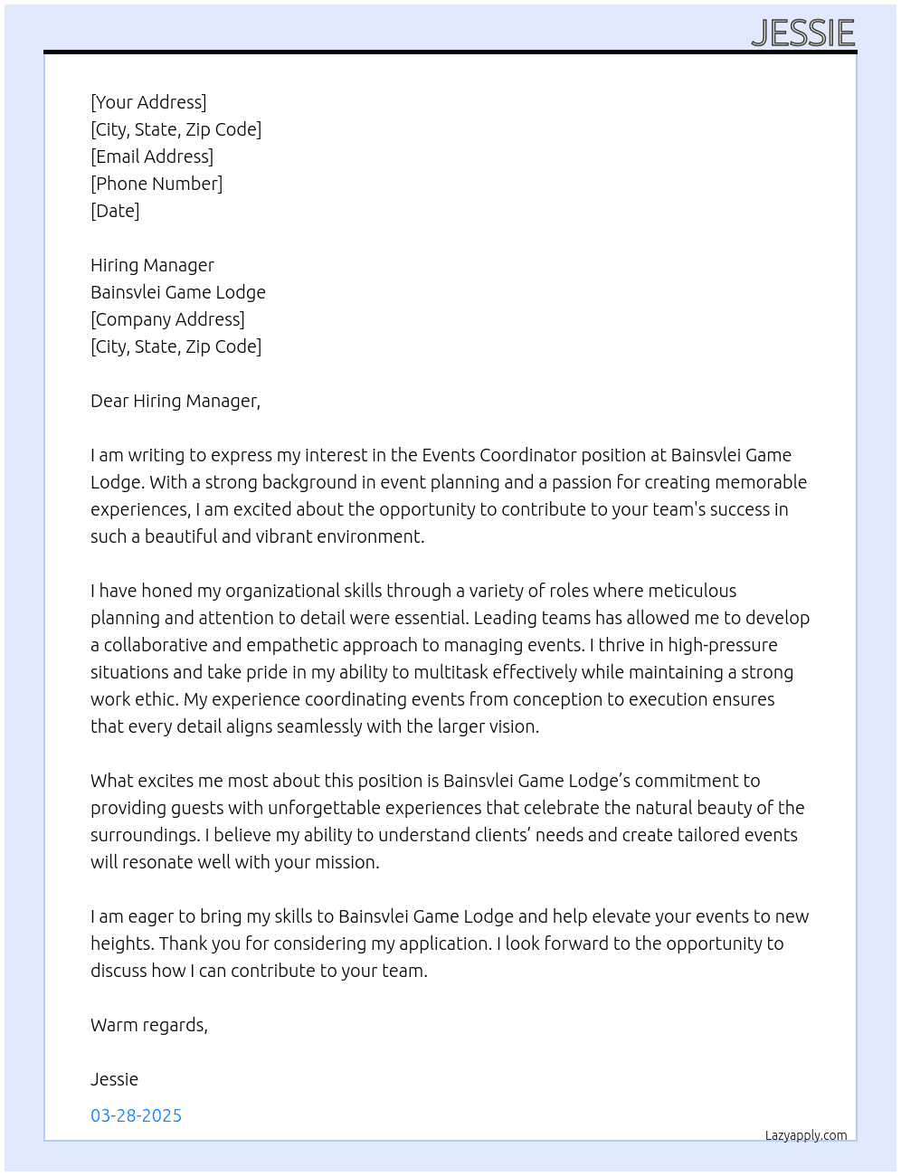 Events Coordinator At bainsvlei game lodge Cover Letter