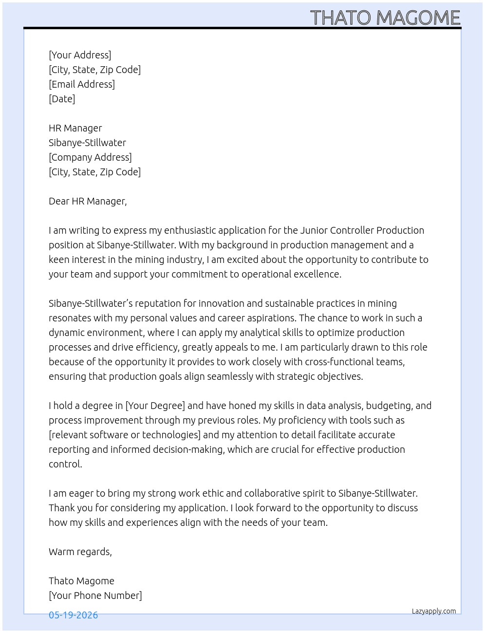 Junior controller production  At Sibanye-stillwater  Cover Letter