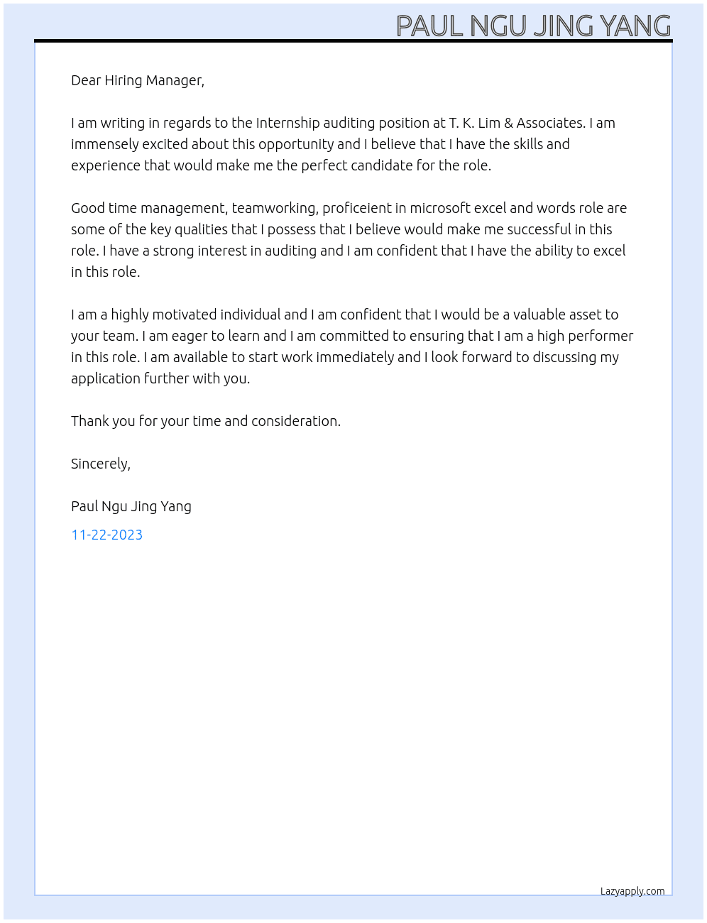 Internship auditing At T. K. Lim & Associates Cover Letter