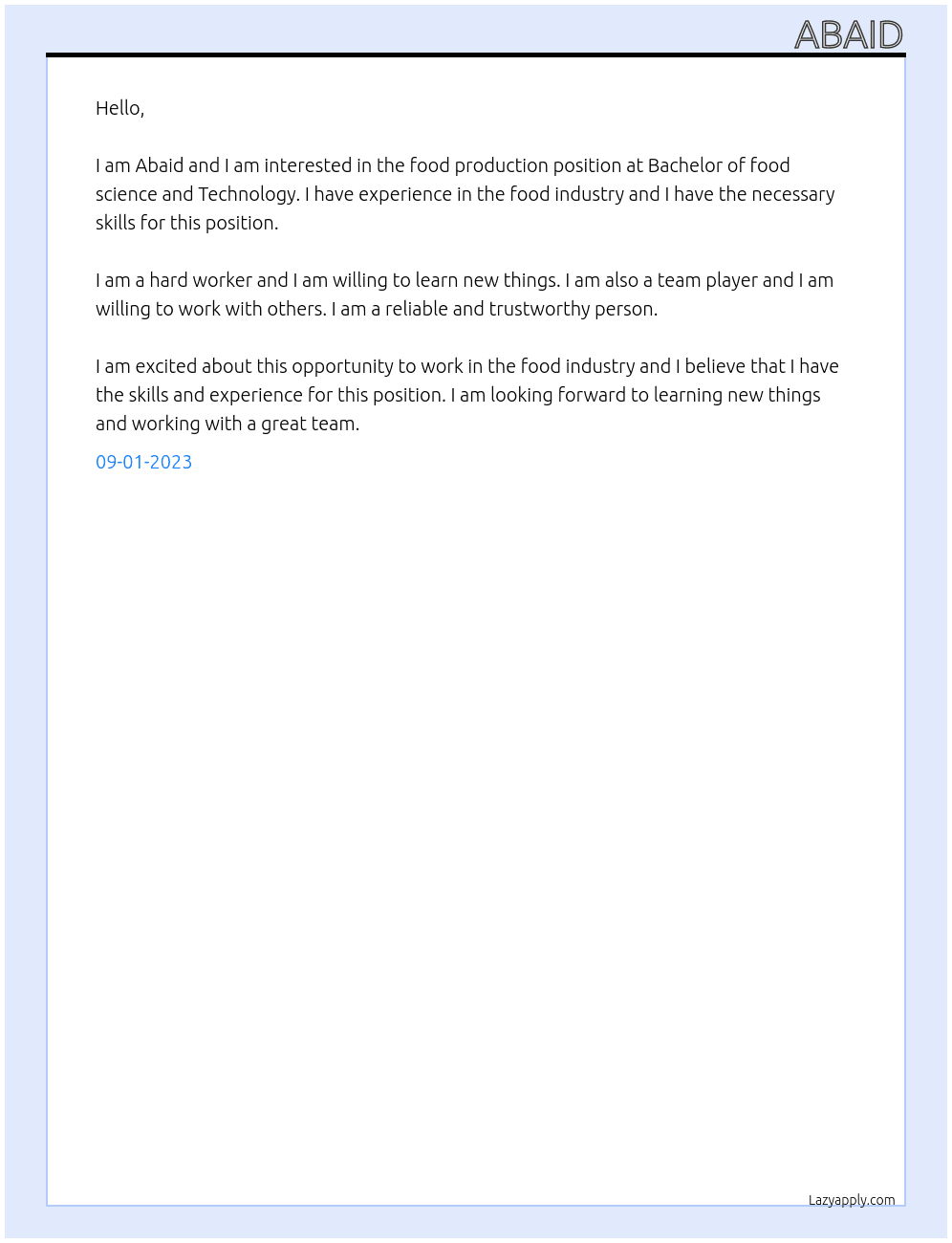 Food production At Bachelor of food science and Technology Cover Letter