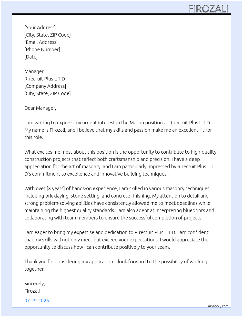 Mason At R.recruir pLus L T D Cover Letter