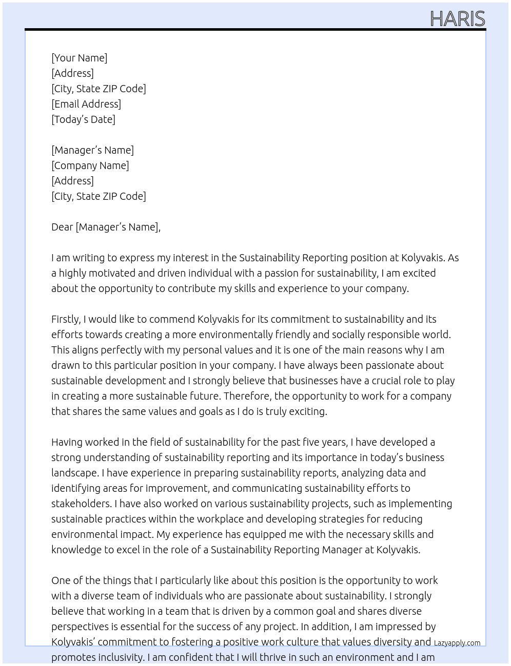 Sustainability reporting At Kolyvakis Cover Letter