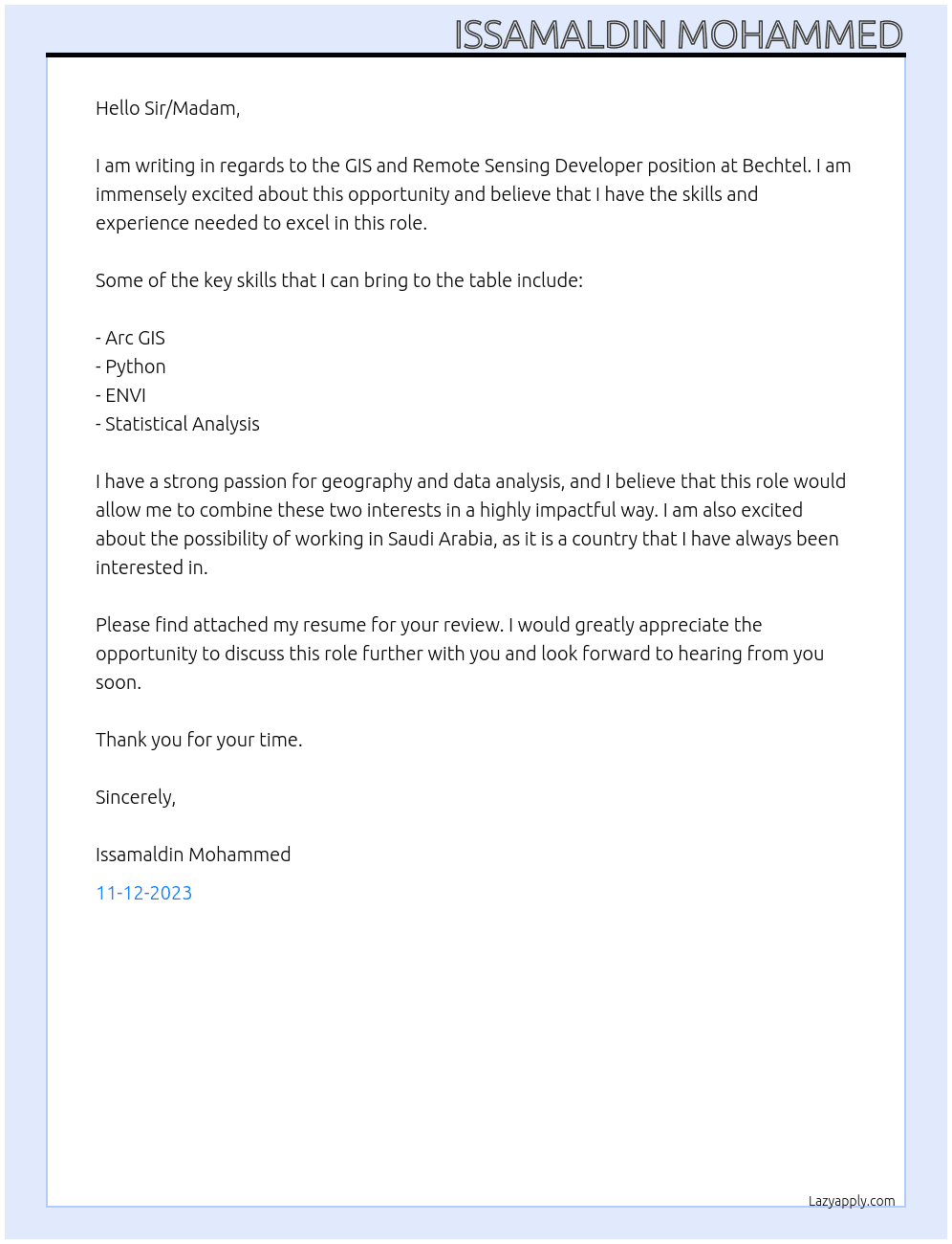 GIS and Remote Sensing Developer At Bechtel Cover Letter
