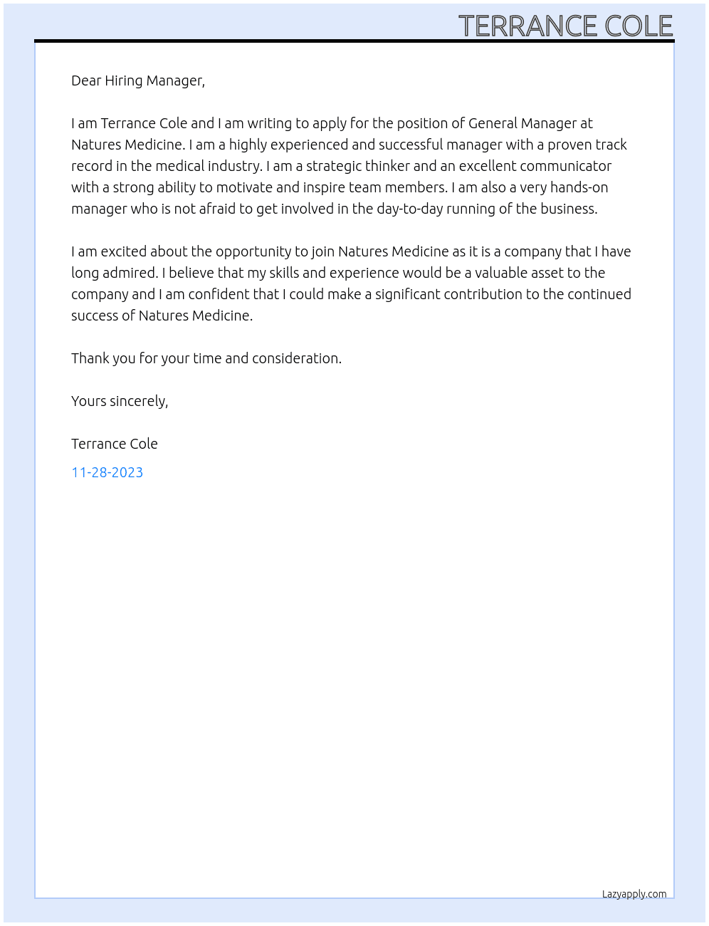 General manager At Natures medicine Cover Letter