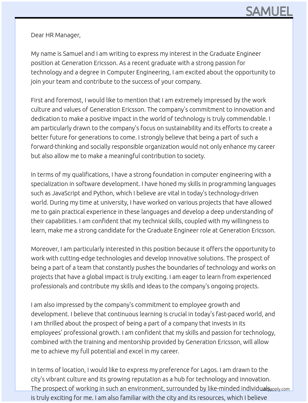 Graduate Engineer At Generation Ericsson Cover Letter
