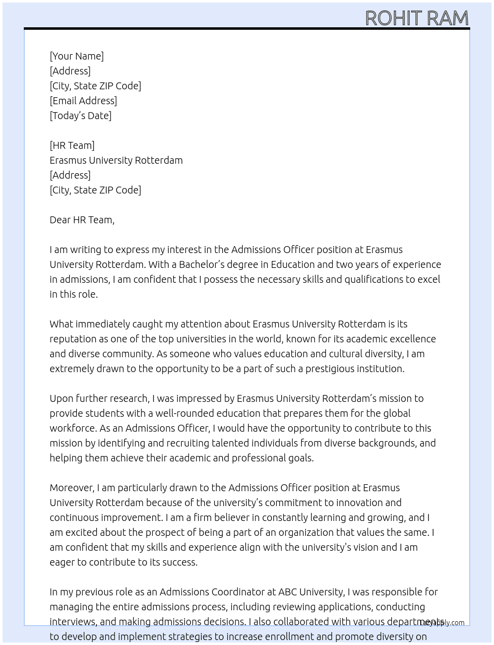 Admissions Officer At Erasmus University Rotterdam Cover Letter