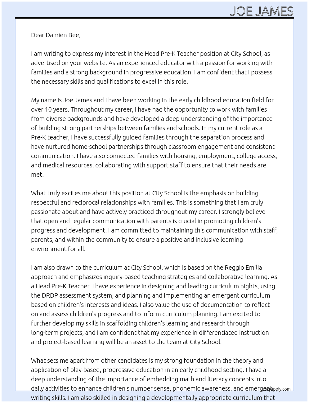 Head Pre-K Teacher At City School Cover Letter