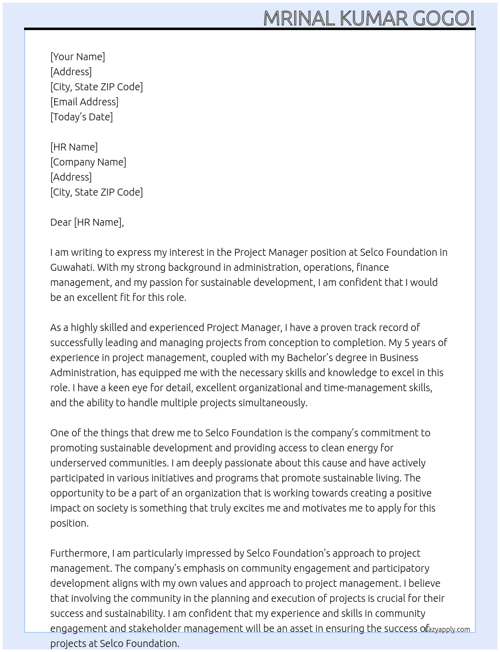 Project Manager At Selco Foundation Cover Letter
