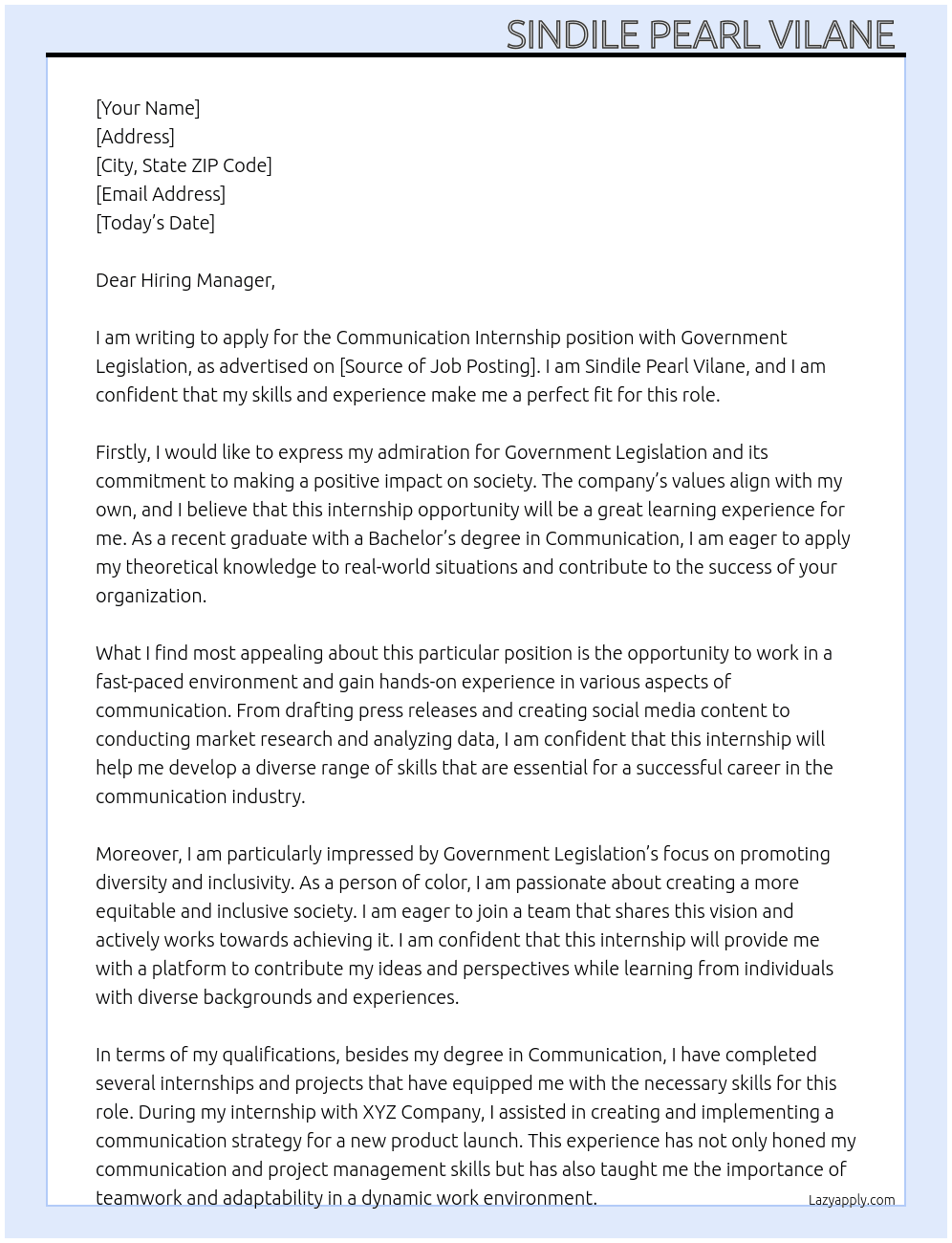 Communication Internship- Reference NOO:062024 At Government Legisture  Cover Letter