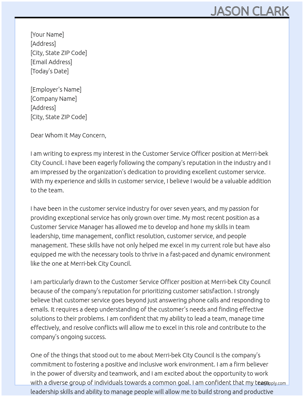Customer Service Officer At Merri-bek City Council Cover Letter
