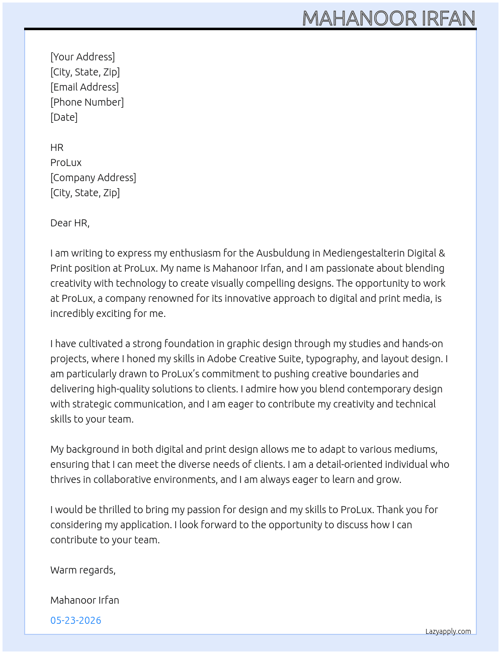 Ausbuldung in Mediengestalterin Digital & Print (m/w/d) At ProLux Cover Letter