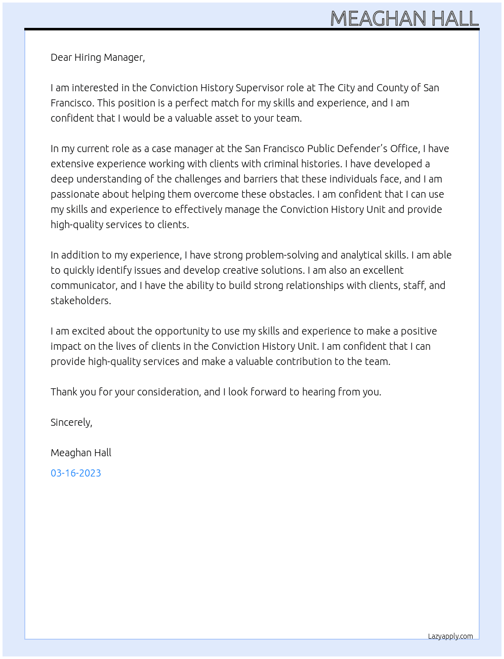 Conviction History Supervisor At The City and County of San Francisco Cover Letter