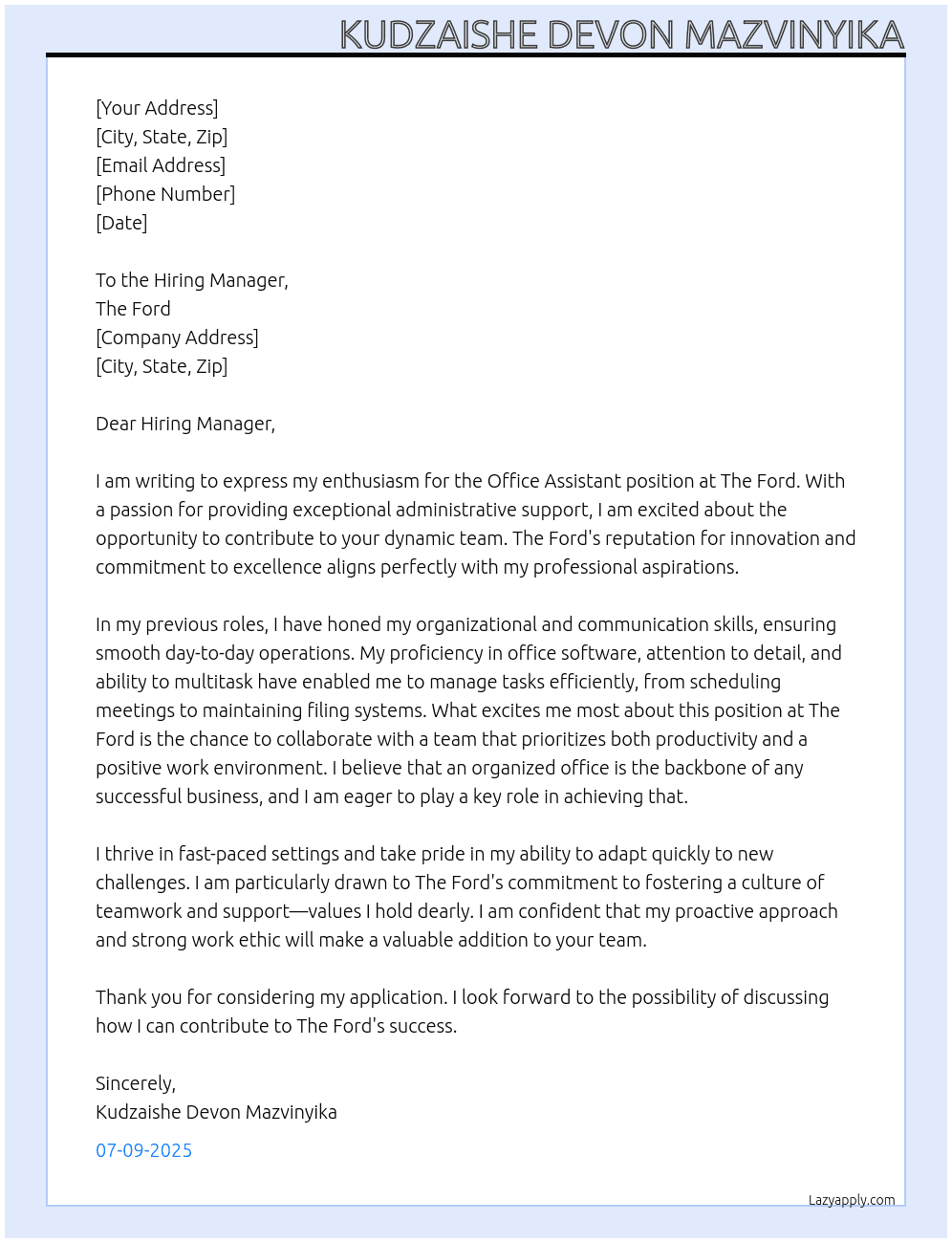 Office Assistant  At The Ford  Cover Letter